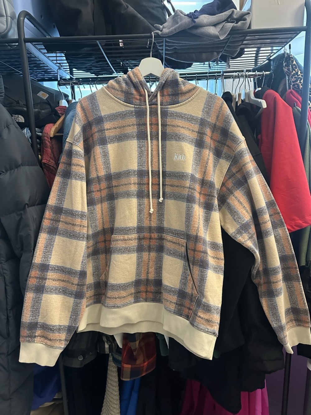 Kith Plaid Hooded Sweatshirt in Beige, Orange & Blue 100% cotton